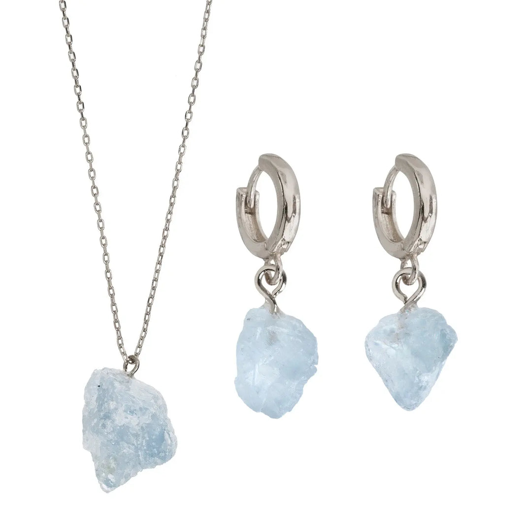 Semi Precious Stone Set with Necklace and Earrings - Silver