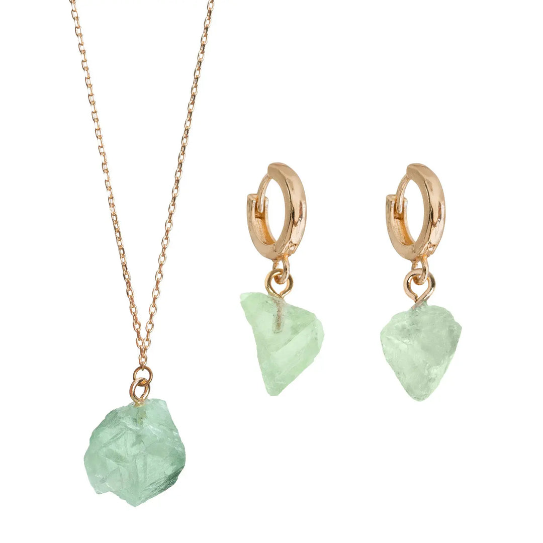 Semi Precious Stone Set with Necklace and Earrings - Gold