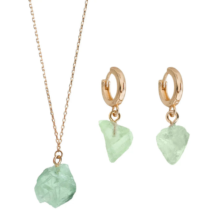 Semi Precious Stone Set with Necklace and Earrings - Gold